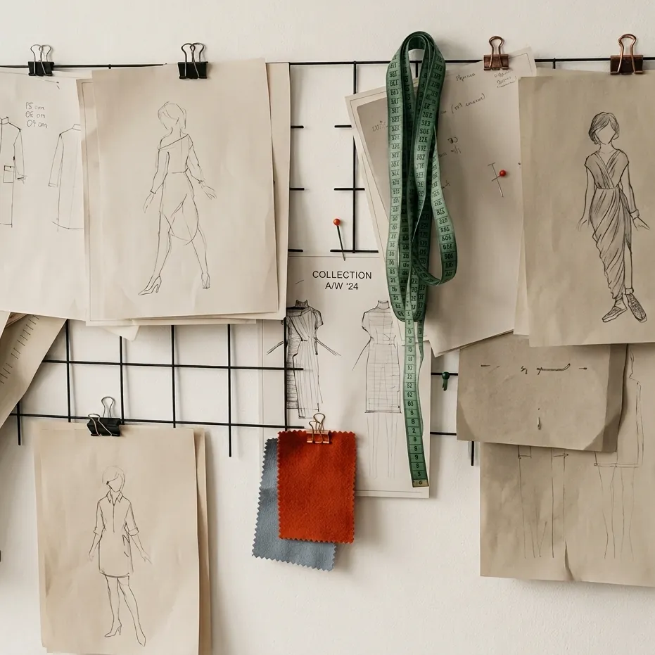 Bocetos de figurines y patrones colgados en una rejilla de taller con cinta métrica