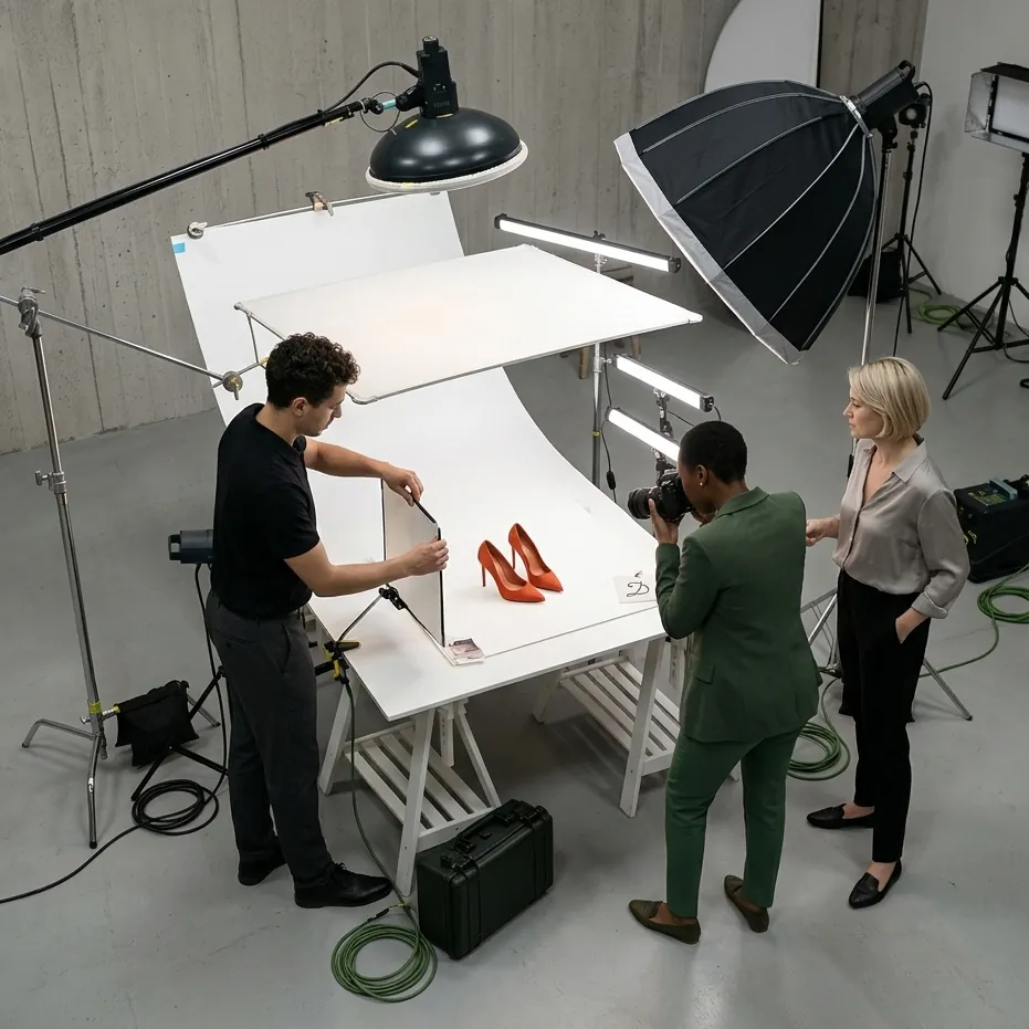 Equipo de producción fotografiando zapatos de tacón rojos en un estudio