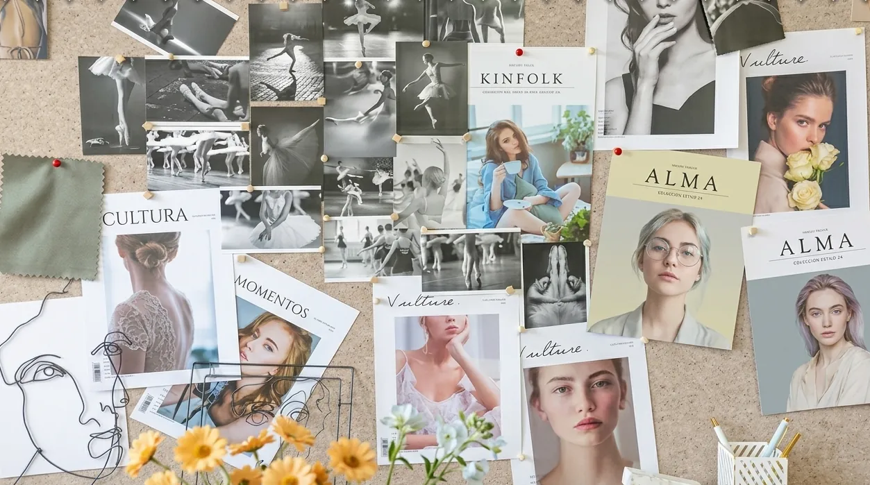 Moodboard de moda con recortes editoriales, fotografías y muestras de color